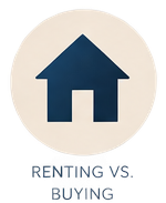 Icon of a house with text overlay comparing renting versus buying