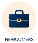 Icon of a dark blue briefcase with a buckle, labeled 'NEWCOMERS'