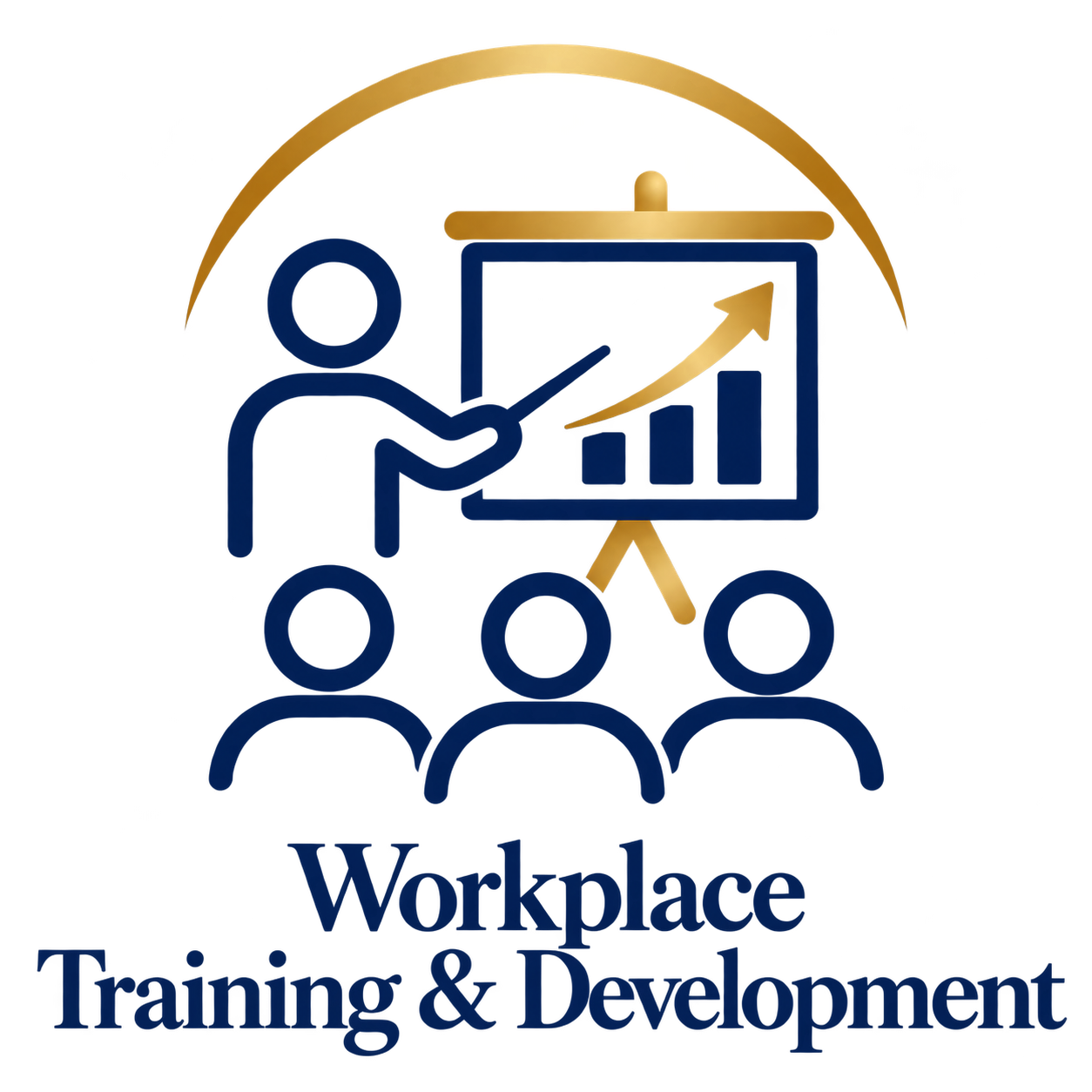 A graphic showing a blue outline of a person pointing at a rising bar graph on a presentation screen, with three seated individuals watching. The overall theme is workplace training and development.