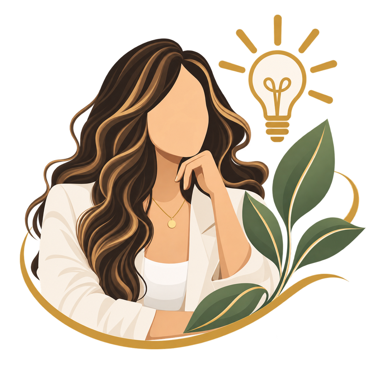 An illustration of a woman with long, wavy brown hair, wearing a white blazer and a gold necklace, with a light bulb icon above her head and green leaves around her.