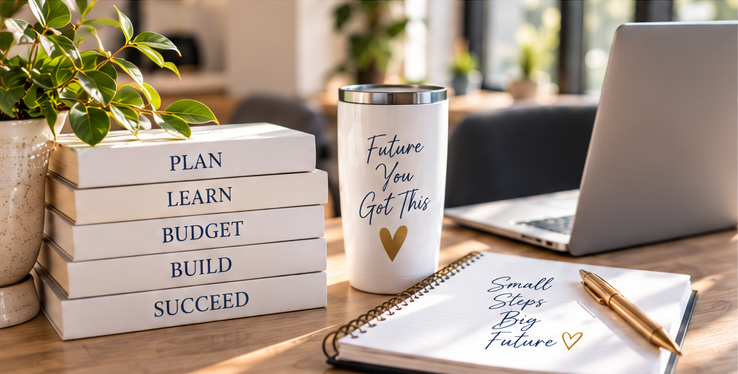 A desk with a stack of five white books labeled 'Plan,' 'Learn,' 'Budget,' 'Build,' and 'Succeed,' a white travel mug with gold lettering that says 'Future You Got This' and a gold heart, a silver laptop, a spiral notebook with handwritten words 'Small Steps Big Future' and a small gold pen, and a potted plant with green leaves.