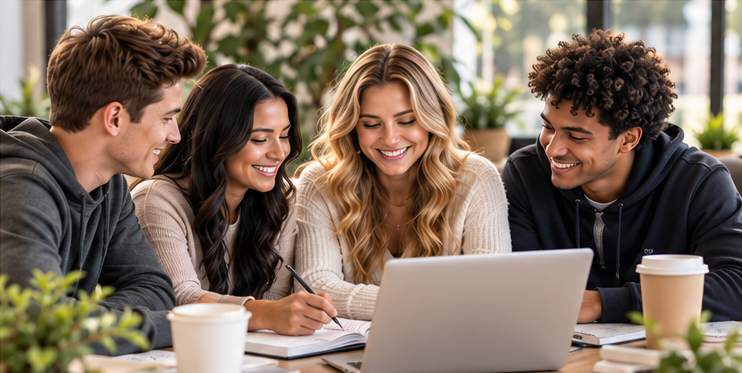 Four young adults smiling and looking at a laptop in a bright indoor space with plants.