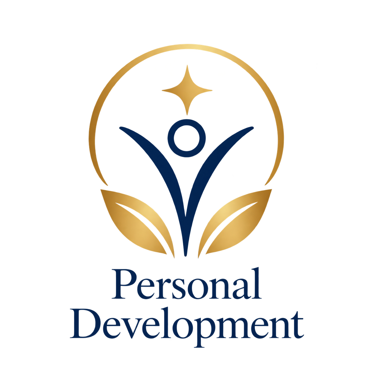 A logo featuring a stylized human figure with arms raised, surrounded by leaves and a shining star above the head. The text 'Personal Development' is beneath the graphic.