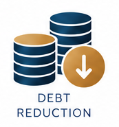 Graphic of stacked coins with downward arrow, representing debt reduction.