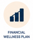 Graphic of a bar chart with three ascending bars and a line graph, labeled 'Financial Wellness Plan'.