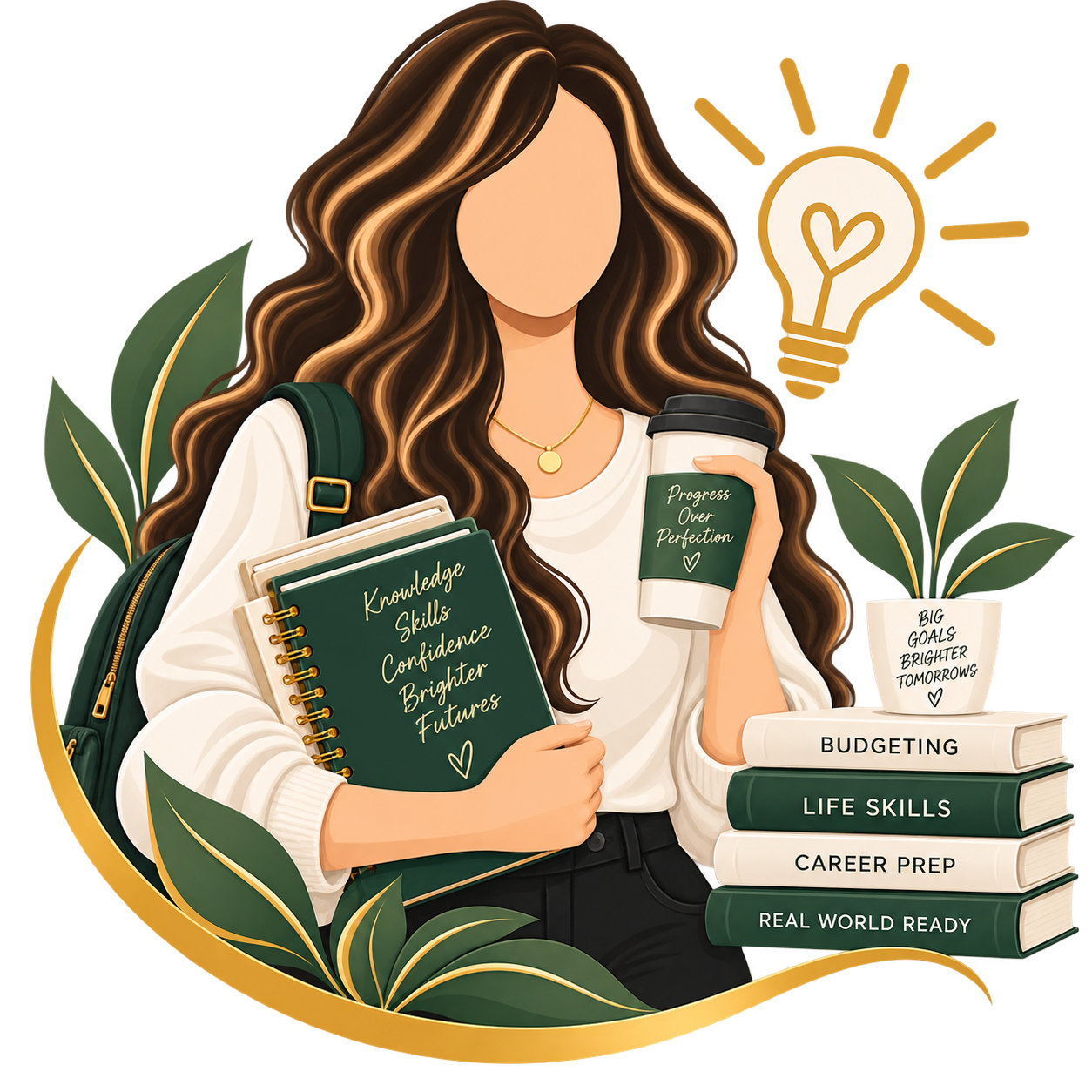 Illustration of a woman with long, wavy brown hair holding a coffee cup and a notebook, surrounded by books on goals and skills, with leaves and a lightbulb icon conveying ideas.