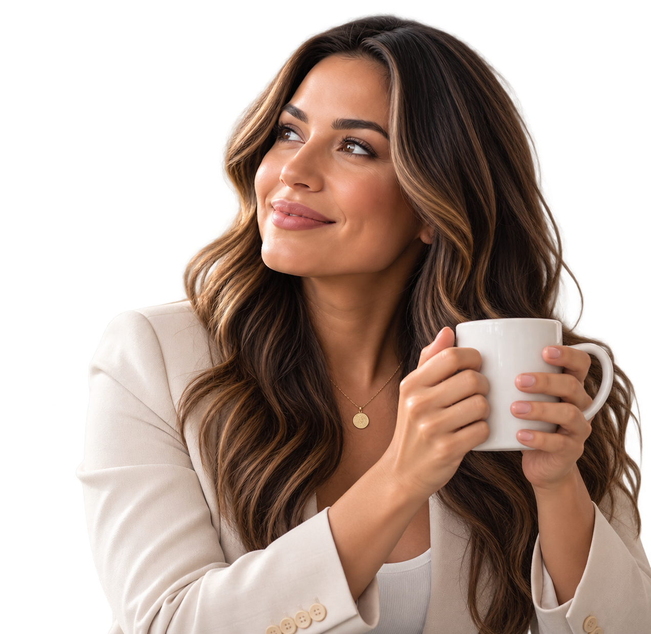 A woman with long, wavy brown hair holding a white coffee mug, smiling gently and looking to her left, dressed in a cream blazer and white top, wearing a small gold necklace, against a plain background.