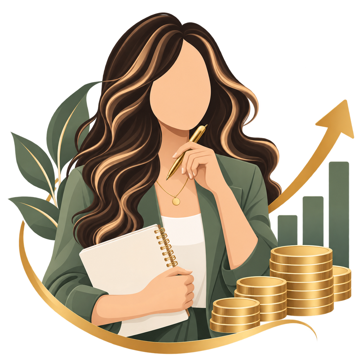 A faceless woman with long, wavy brown hair, holding a notebook and a pen, standing in front of ascending bar graph and coins, symbolizing financial growth or success.
