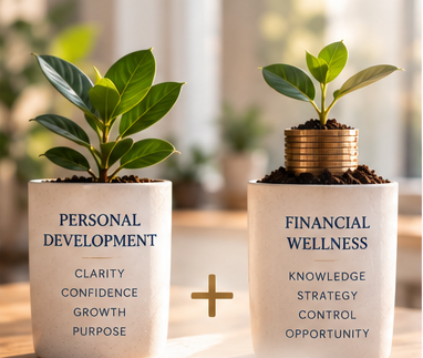 Two potted plants with dollar coin-shaped pots on soil, labeled 'Personal Development' and 'Financial Wellness,' on a desk with a blurred window background.