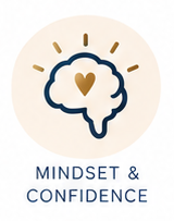 Illustration of a brain with a heart inside, surrounded by rays, with text 'Mindset & Confidence' underneath.