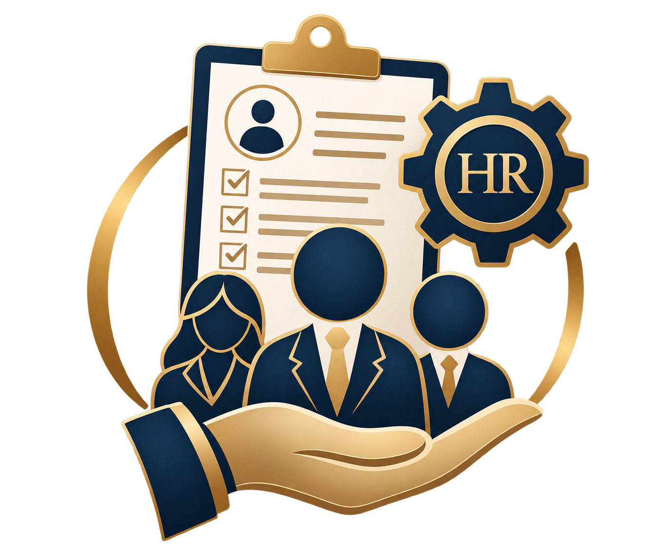 Illustration of a hand holding a group of people, a resume with checkmarks, and a gear with HR inside, symbolizing human resources management.