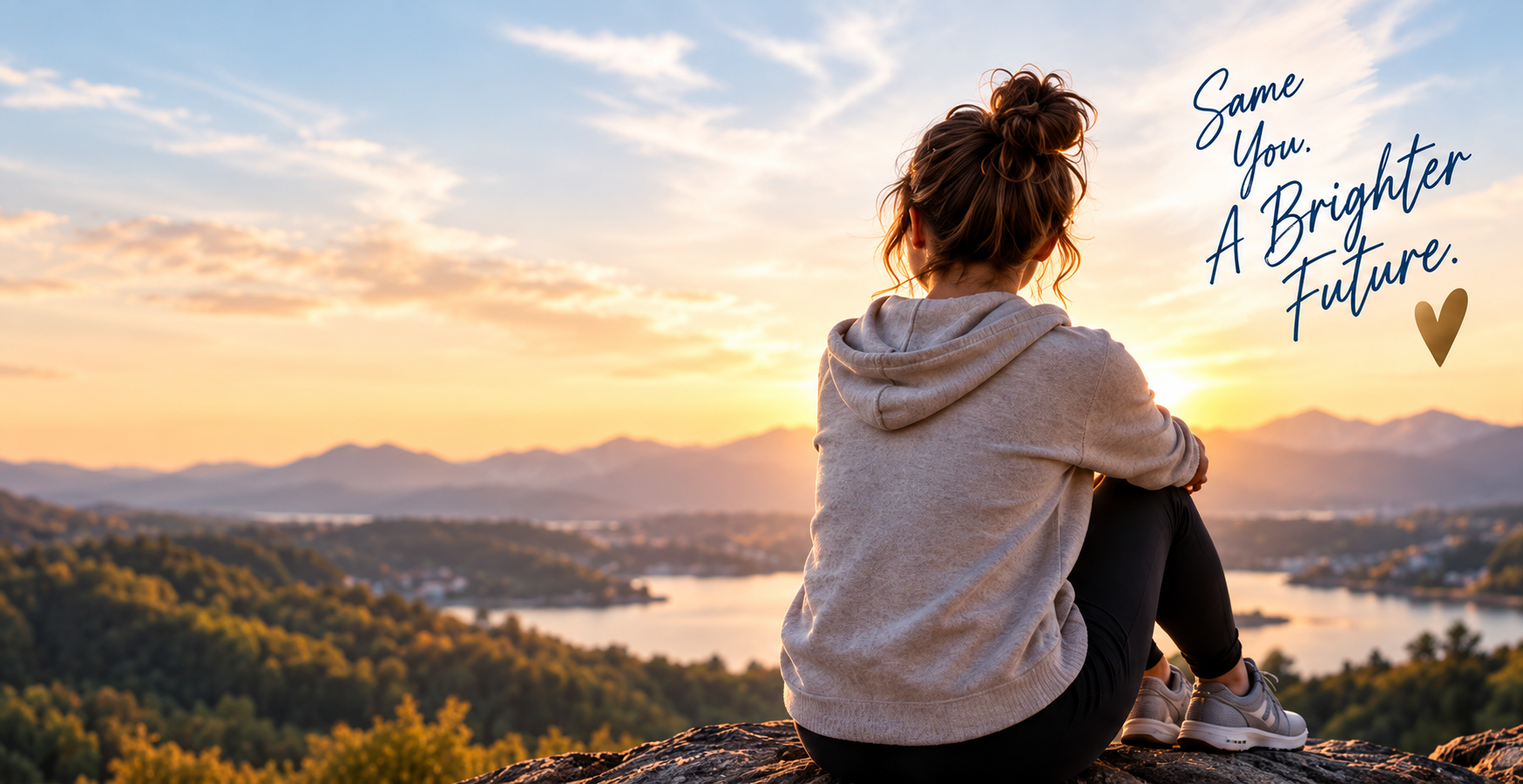 A woman in a hoodie and leggings sitting on a rock, watching the sunset over a scenic landscape with mountains, a river, and trees. There is a quote in blue cursive text that reads, "Same You. A Brighter Future." with a gold heart symbol next to it.