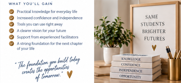 A motivational poster on the left with a list of benefits, and on the right, a wooden desk with a potted plant, a framed quote, stacked books labeled Knowledge, Confidence, Independence, Opportunity, and a holder with pens.