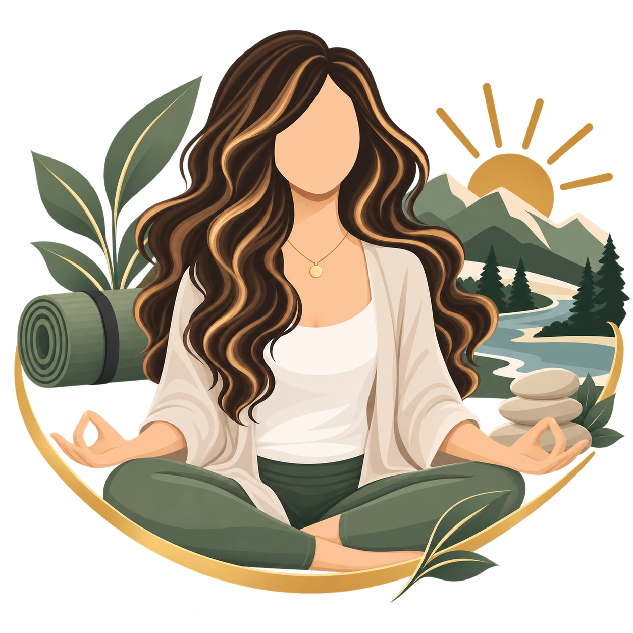Illustration of a woman meditating in a natural outdoor setting with mountains, a river, and a sunrise in the background. She has long, wavy brown hair and is sitting cross-legged with her hands on her knees making a meditation gesture.