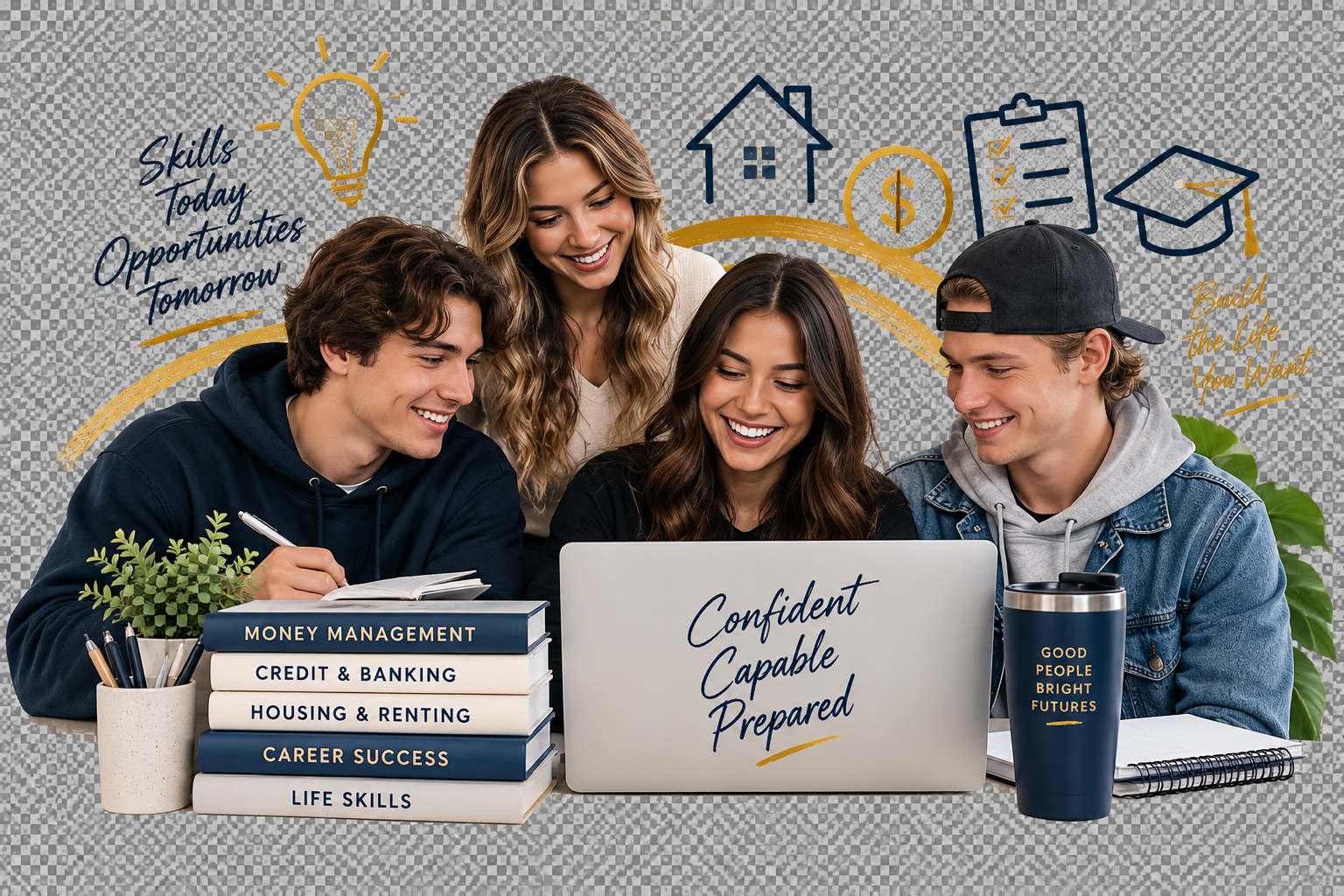 Group of four young people smiling and gathered around a laptop with a background of doodles related to skills and opportunities, with a stack of books titled 'Money Management,' 'Credit & Banking,' 'Housing & Renting,' 'Career Success,' and 'Life Skills' on the table.