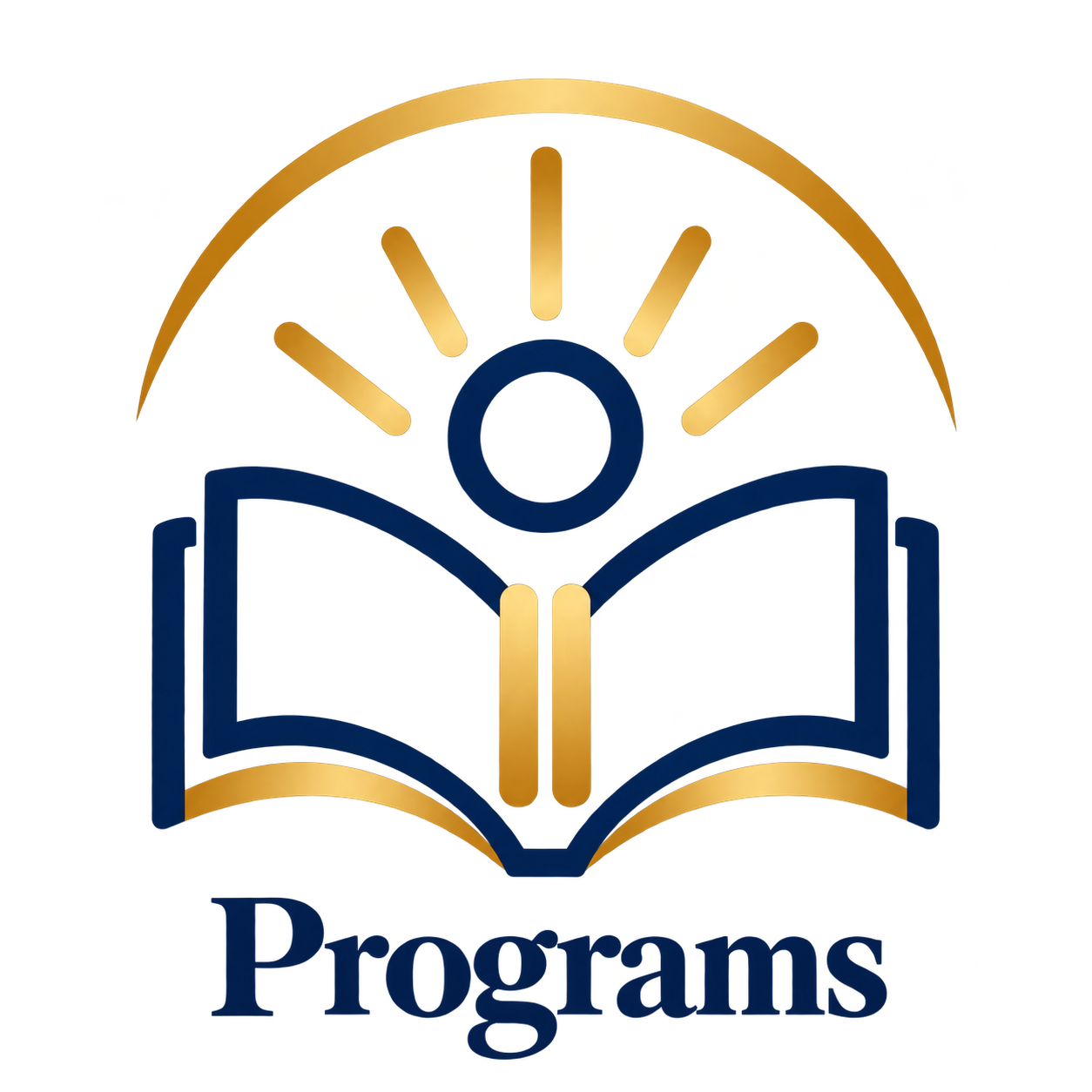 An icon featuring a blue open book with a yellow and blue circular diagram above it, representing learning or education, with the word 'Programs' in dark blue underneath.