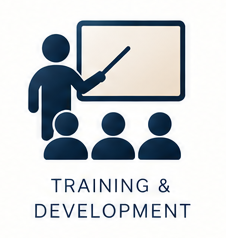 Silhouette of a person pointing at a whiteboard in front of a seated audience, with the words 'Training & Development' below.