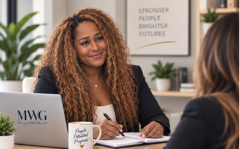 A woman with curly hair and a business suit sitting at a desk, smiling during a meeting with another person. There is a laptop, a notebook, and a coffee mug on the desk. In the background, a framed poster reads 'Stronger People Brighter Futures'.