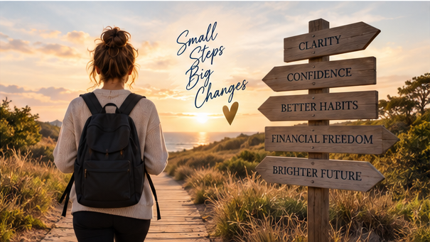 A woman with a backpack walking on a wooden path through nature at sunset, with a signpost pointing to clarity, confidence, better habits, financial freedom, and a brighter future. Text reads 'Small Steps Big Changes.'
