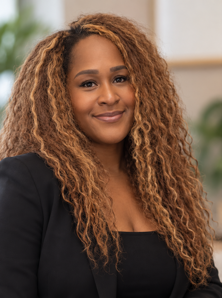 Portrait of a woman with curly, light brown hair, wearing a black blazer, smiling in an indoor office setting.