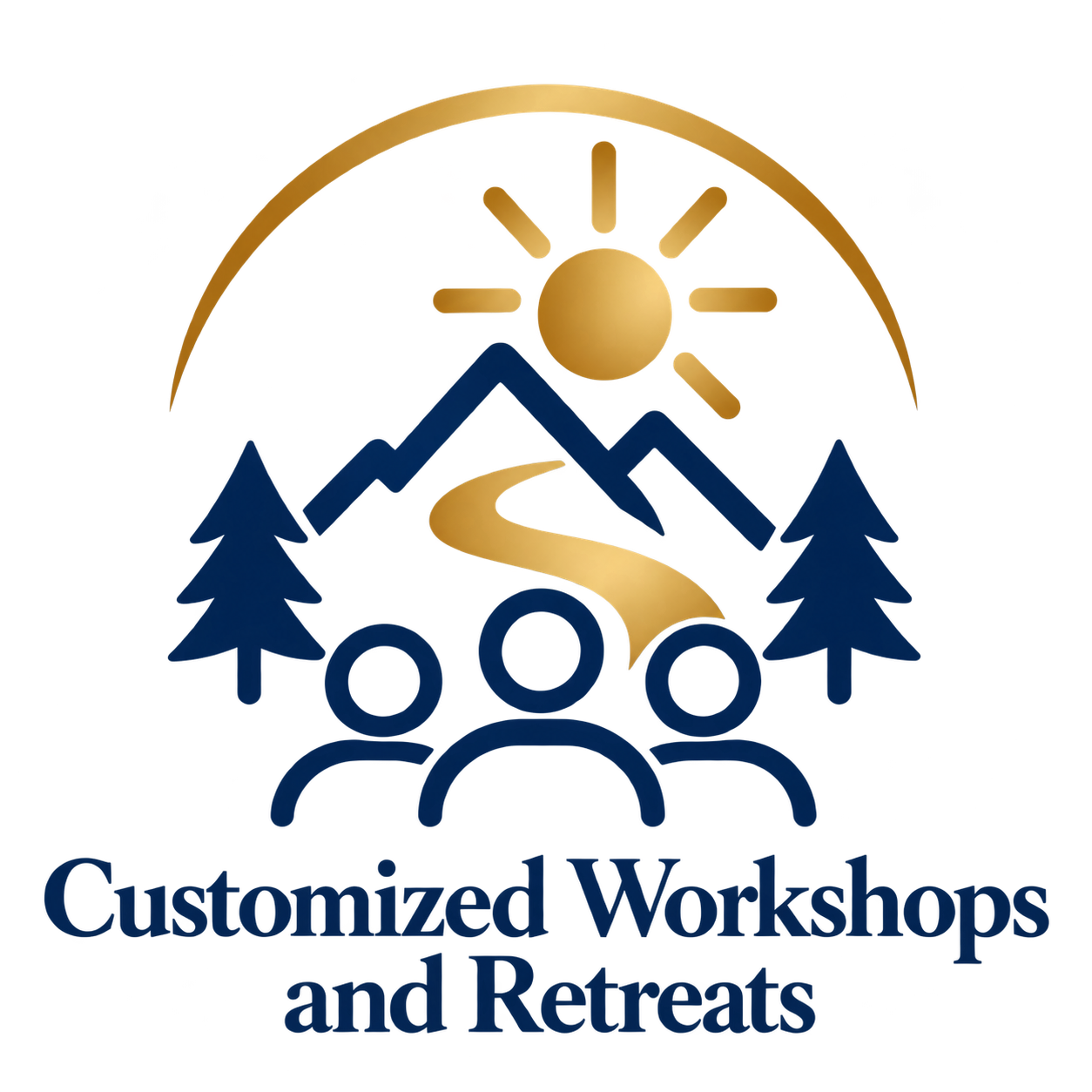 Logo for customized workshops and retreats featuring mountains, pine trees, a winding river, a sun, and three people, with the text 'Customized Workshops and Retreats' at the bottom.
