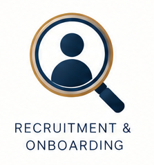 Magnifying glass focusing on a user icon with the text 'RECRUITMENT & ONBOARDING' beneath it.