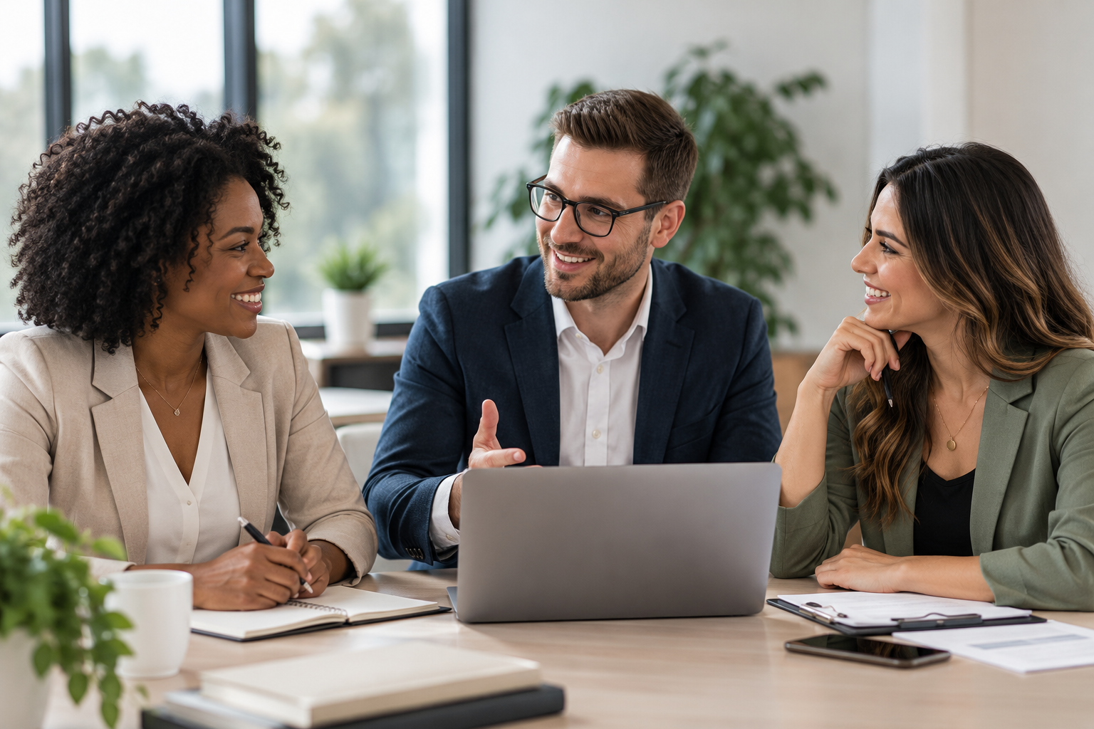 Three people in business attire having a discussion at a conference table in a modern office.