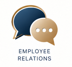 Two overlapping speech bubbles, one dark blue and one beige, with the text 'EMPLOYEE RELATIONS' beneath them.