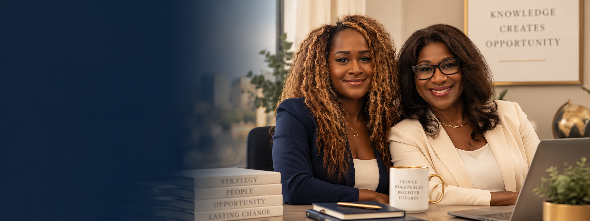 Two women smiling at a desk in an office, with a laptop, books, and a mug that reads 'People Workplaces Brighter Futures'.