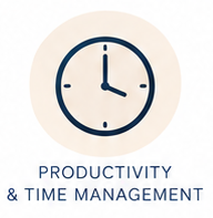 Clock icon above the text 'Productivity & Time Management'