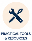 Icon of a wrench and screwdriver crossed, with text 'Practical Tools & Resources'