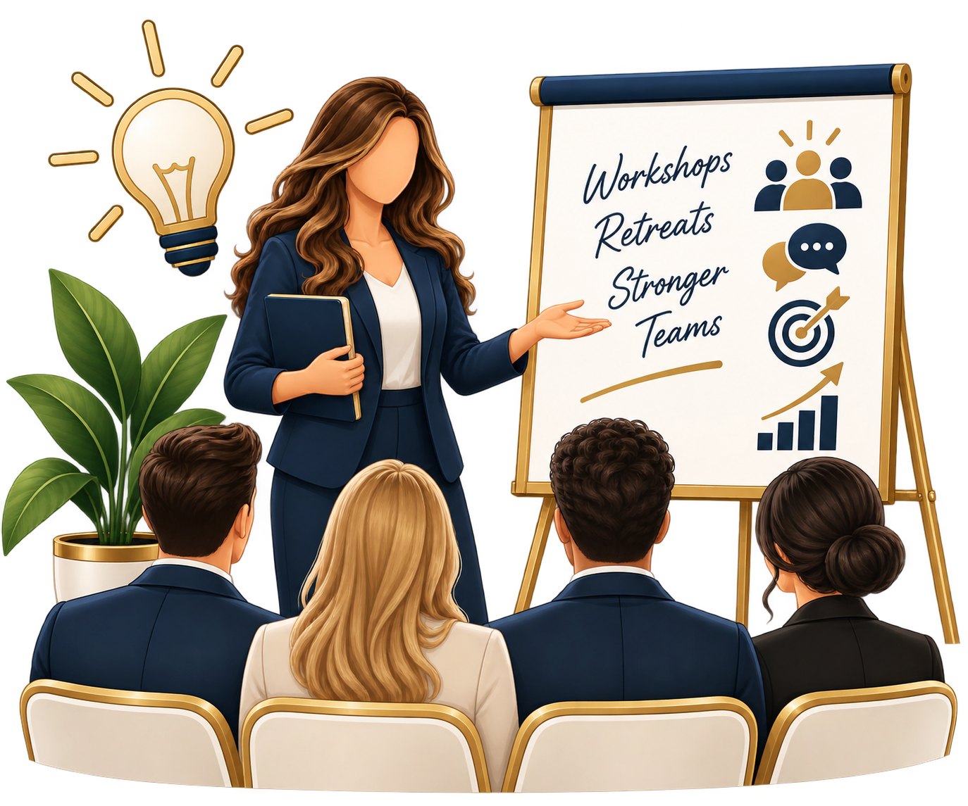 A woman teacher giving a presentation to four adults seated in chairs, with a whiteboard behind her displaying words 'Workshops,' 'Retreats,' 'Stronger Teams' and various icons including a brain, people, speech bubbles, a target, and a bar chart with an upward arrow.