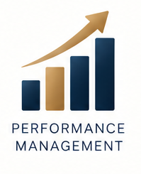 Graph with ascending bars and an upward arrow, labeled 'Performance Management'.