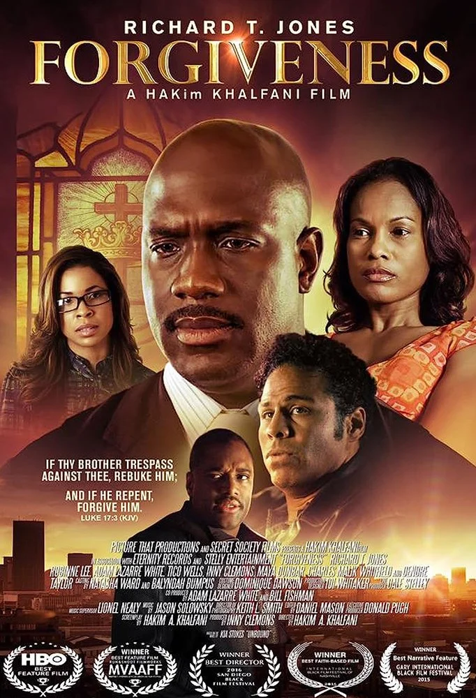 Poster for the movie 'Forgiveness' featuring four main characters with serious expressions. The background includes stained glass windows and sunset lighting. The film stars Richard T. Jones and is based on a story about faith, forgiveness, and redemption.