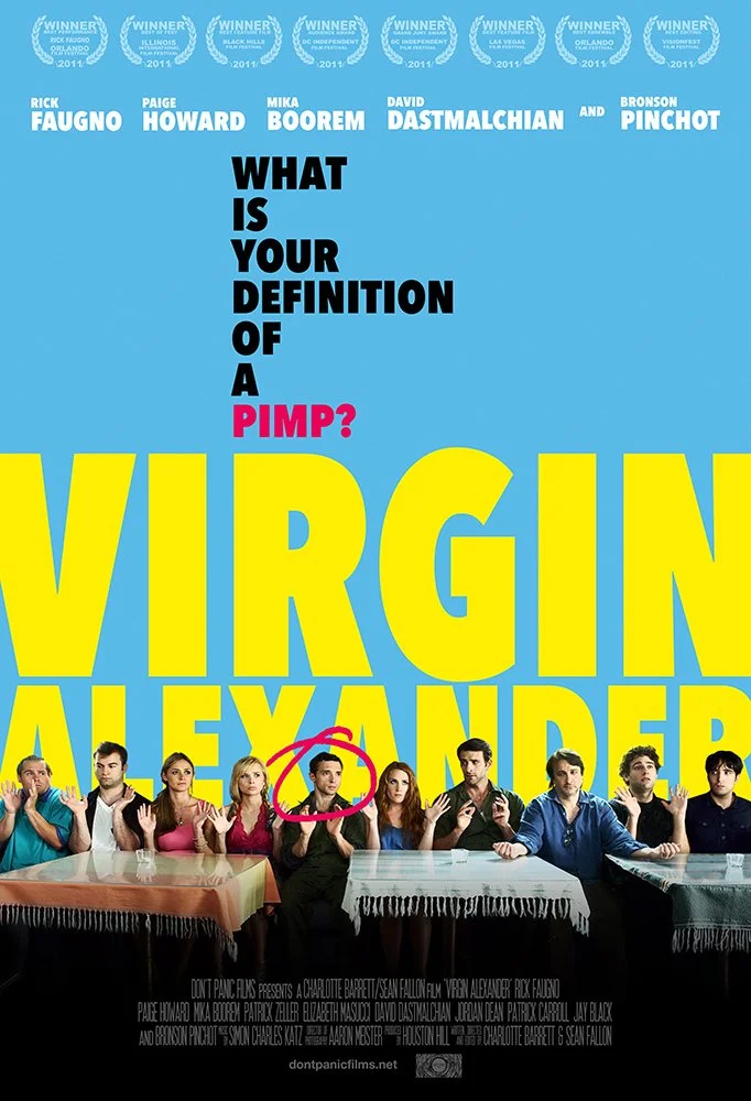 Promotional poster for the movie 'Virgin Alexander,' featuring ten people sitting at a table with various hand gestures, with large yellow text of the movie title and bold black and pink text posing a question about a 'pimp'.