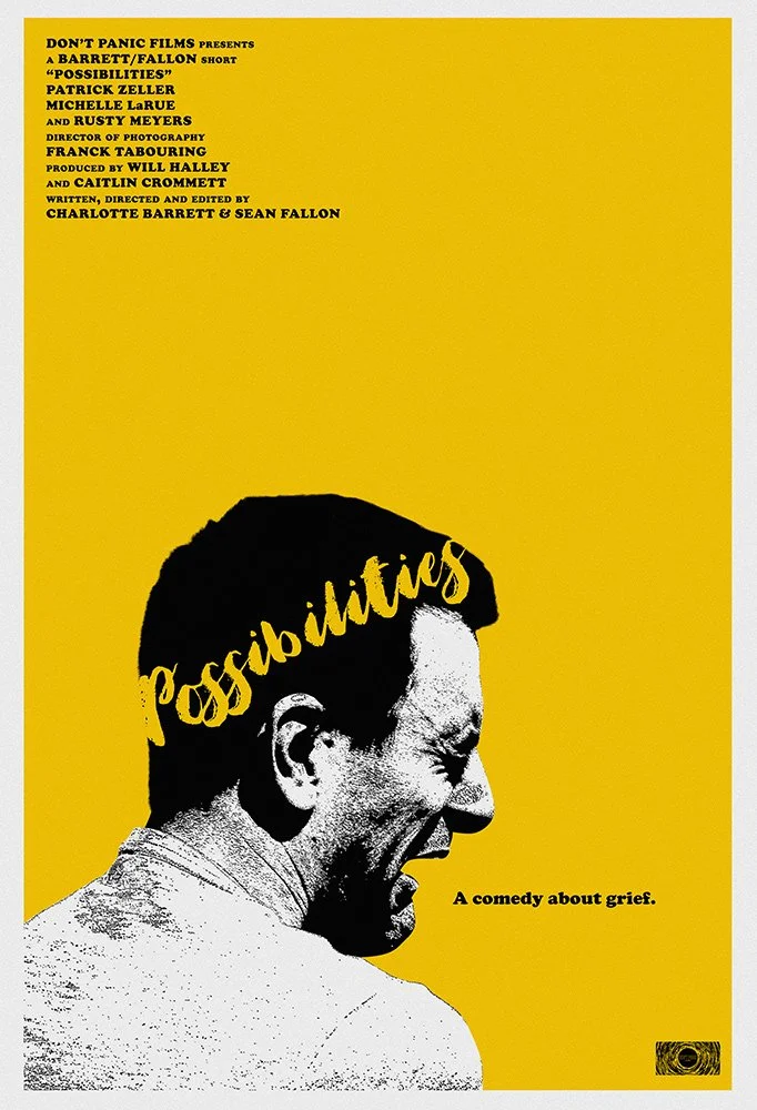 Yellow promotional poster for the short film 'Possibilities' featuring a black-and-white profile of a man laughing or crying, with the title 'Possibilities' written across his head in yellow cursive.