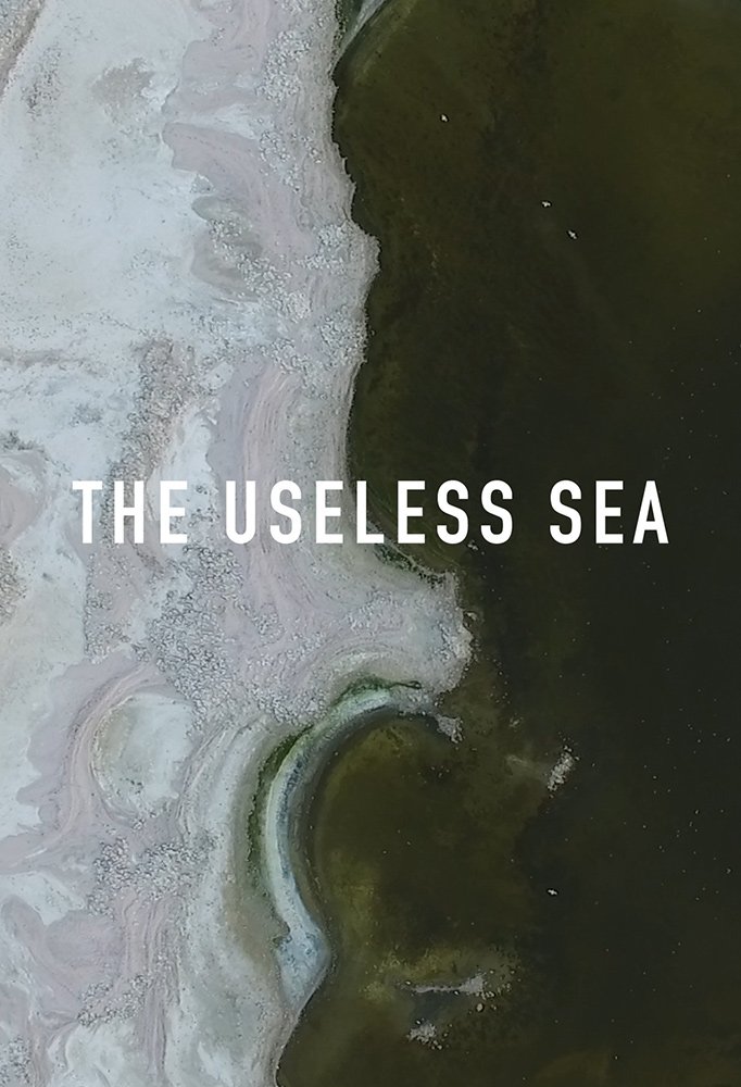 Drone shot of a polluted body of water with harmful chemicals and waste, labeled 'The Useless Sea'.