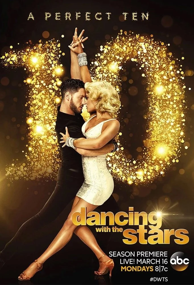 A man and woman dancing closely in front of a sparkling golden heart shape with the text "A Perfect Ten" above them. The woman wears a white dress and the man wears a black shirt. The poster advertises the season premiere of "Dancing with the Stars" on ABC, airing live at 8/7c, on Mondays.