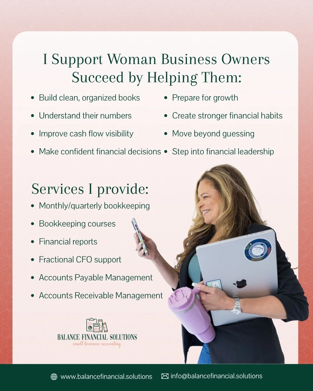 My services are designed to help women business owners feel more organized, informed and supported in their finances. Through bookkeeping, Fractional CFO support and my bookkeeping course, I help you understand your numbers, improve financial structu