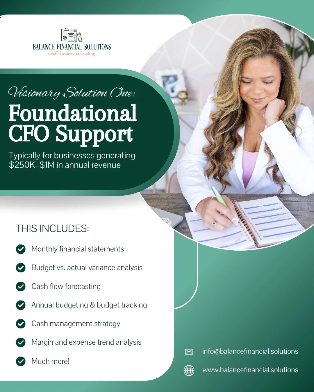 Foundational CFO Support gives growing business owners the financial structure and Fractional CFO guidance they need to feel more confident in their numbers.

This service is designed to help you see where your money is going, trust your numbers and 