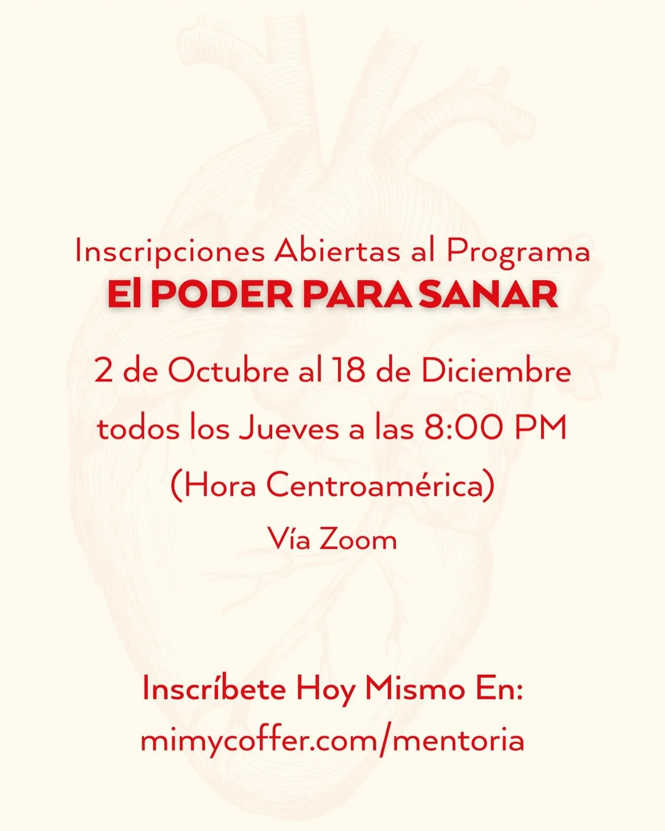 ¡Comenzamos este 2 de octubre!
Estamos listos para iniciar juntos el programa “El Poder para Sanar” y quiero invitarte a que apartes tu lugar hoy mismo.
Jesús vino a sanar a los quebrantados de corazón (Lucas 4:18). U