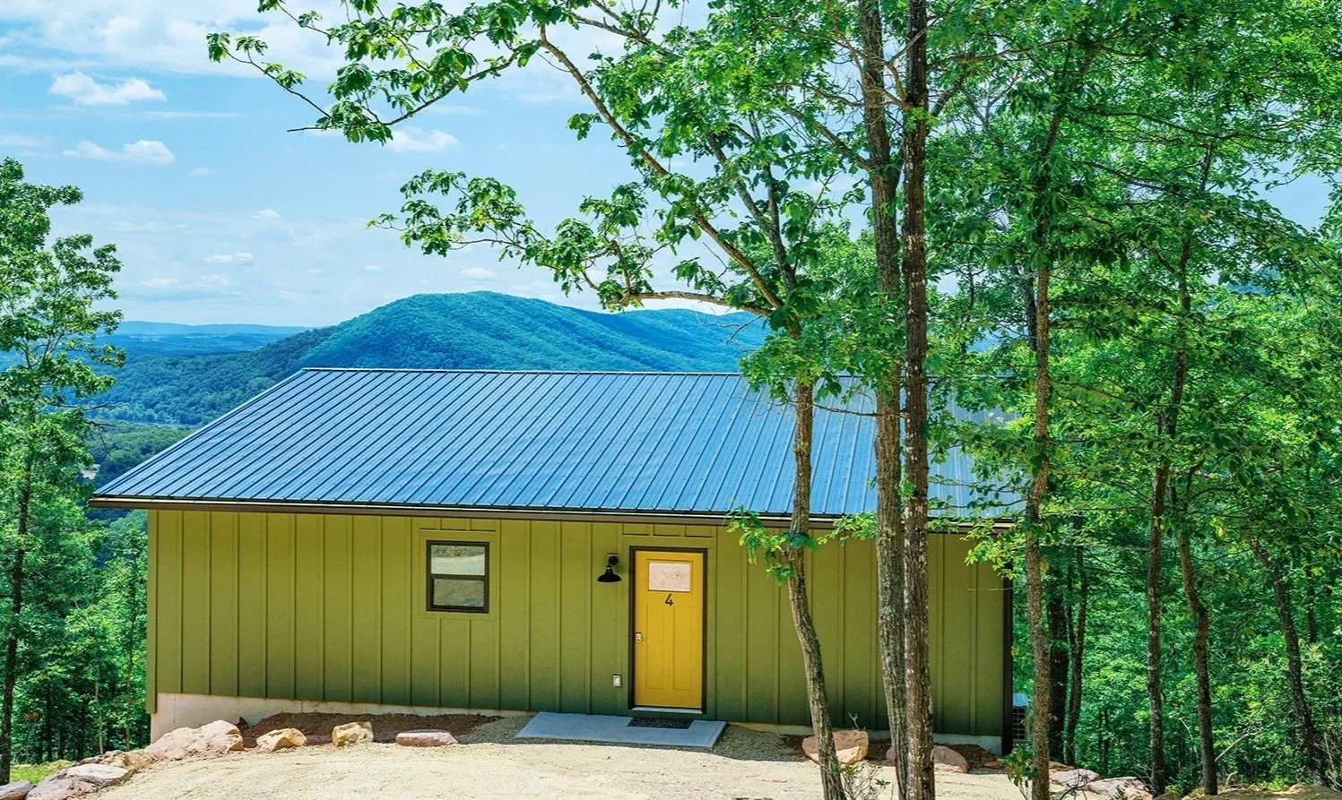 A small house with green siding and a blue metal roof is situated in a forested area with trees and mountains in the background.