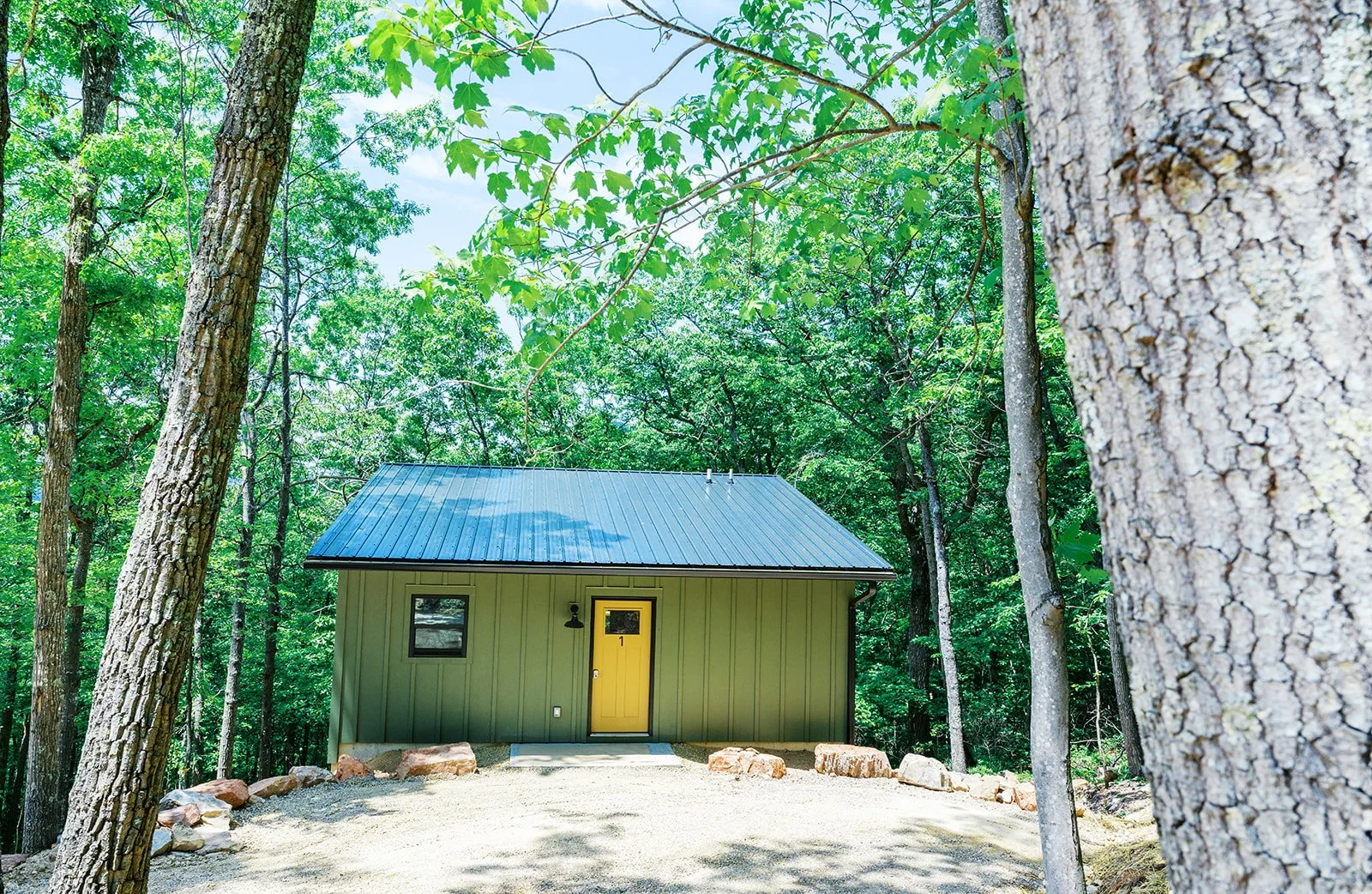 A small green house with a yellow door and window, situated in a wooded area with tall trees surrounding it.