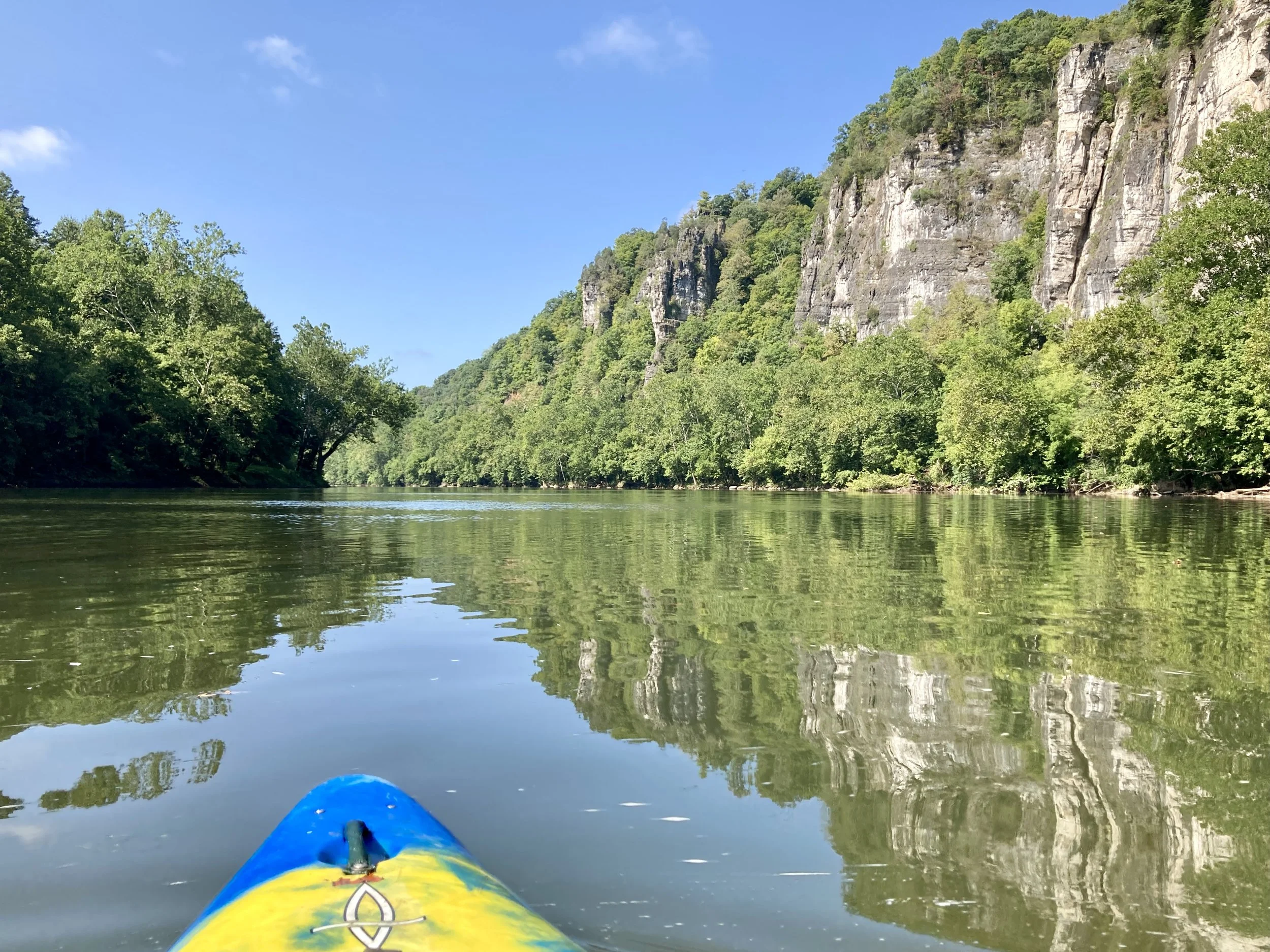 View from a kayak on a calm river surrounded by lush green trees and cliffs under a clear blue sky.
