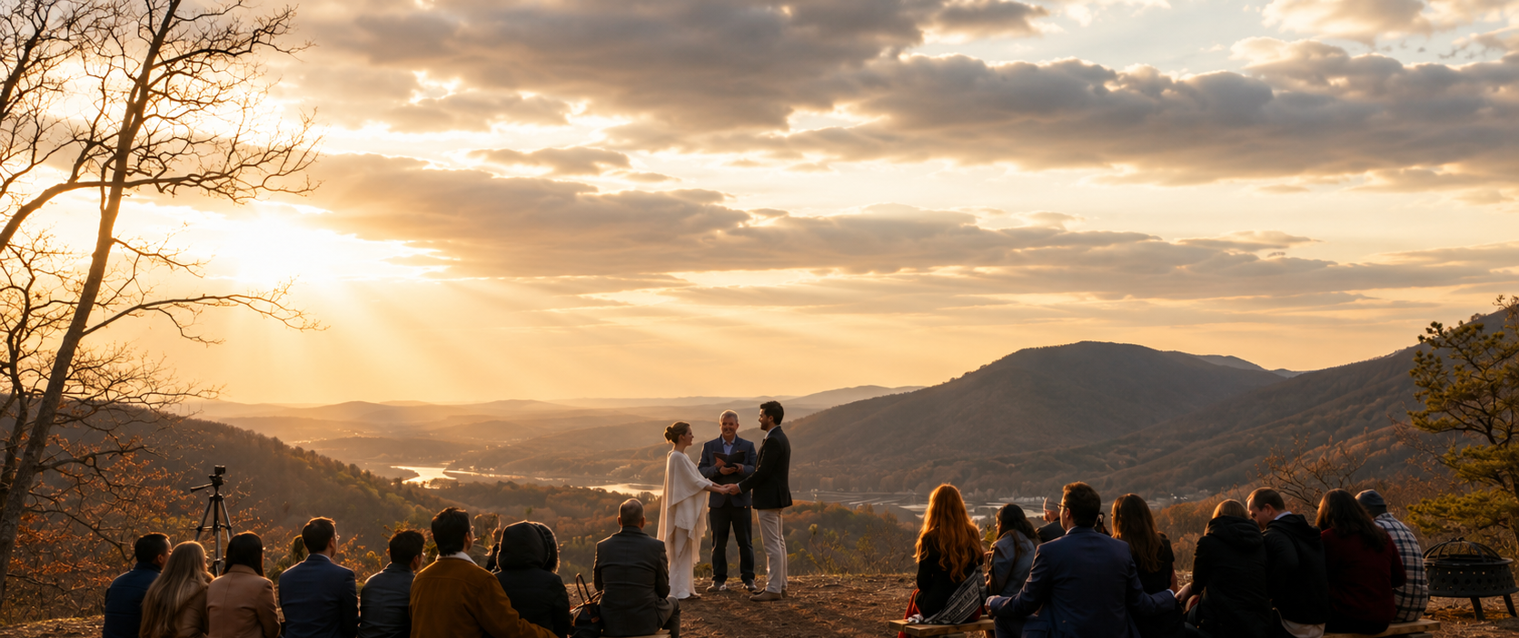 A wedding ceremony taking place outdoors on a hilltop during sunset, with the couple exchanging vows in front of an officiant. Guests are seated around, facing the couple, with mountains and a river in the background and sunlight streaming through clouds.