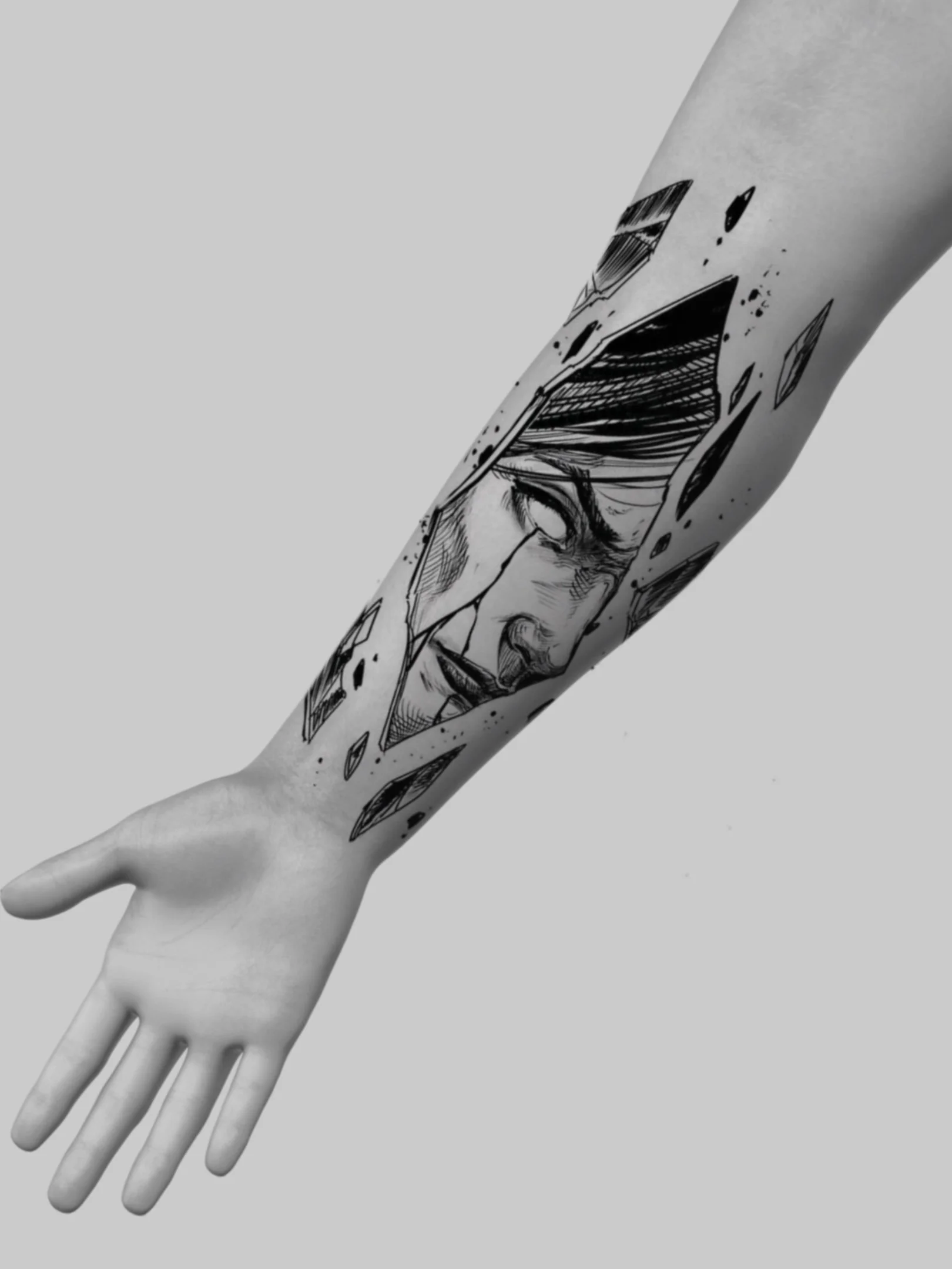 Black and white tattoo of a woman's face on a forearm with shattered glass effects.