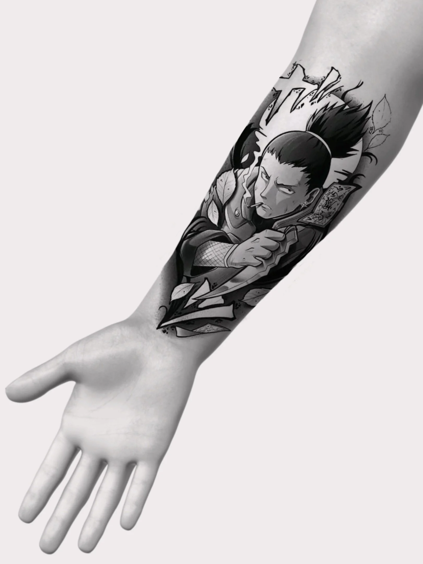 Black and gray tattoo of a serious-looking anime character with spiky hair, holding a sword, on a person's forearm.