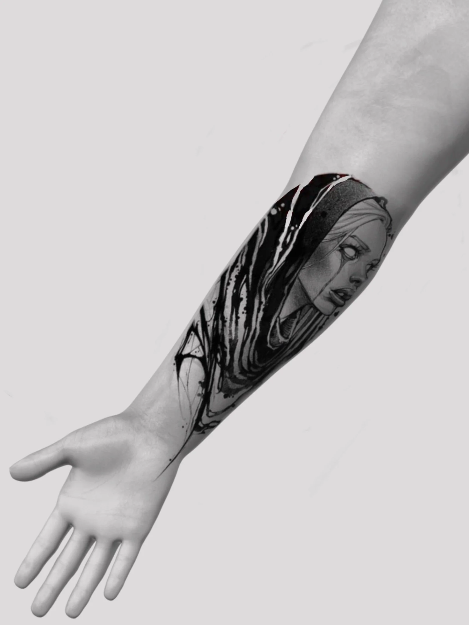 A tattoo of a woman's face with a hood on her head on a person's forearm, in black and gray.