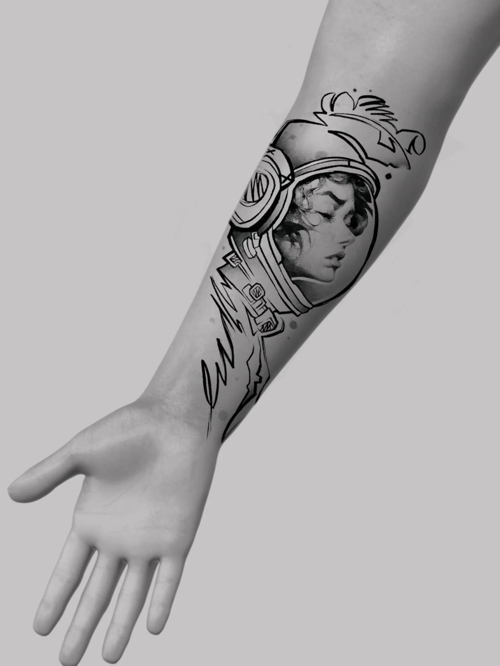 Tattoo of a woman in a space helmet on a person's forearm, with the person's hand extended outward.