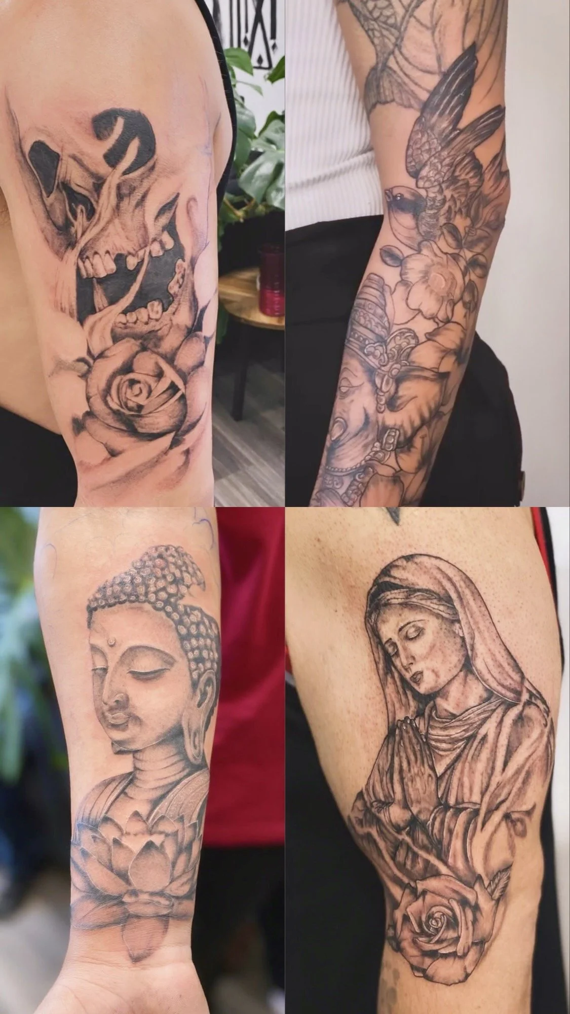 Four black and gray tattoo sleeves featuring various designs, including a dragon skull and rose, a bird with flowers, Buddha with a lotus, and a praying woman with a rose.